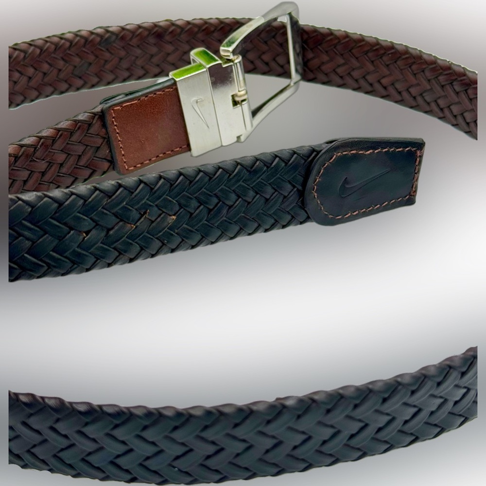 🌺NIKE Reversible Golf Belt Brown/Black Leather Braided Silver Hardware🌸🌺